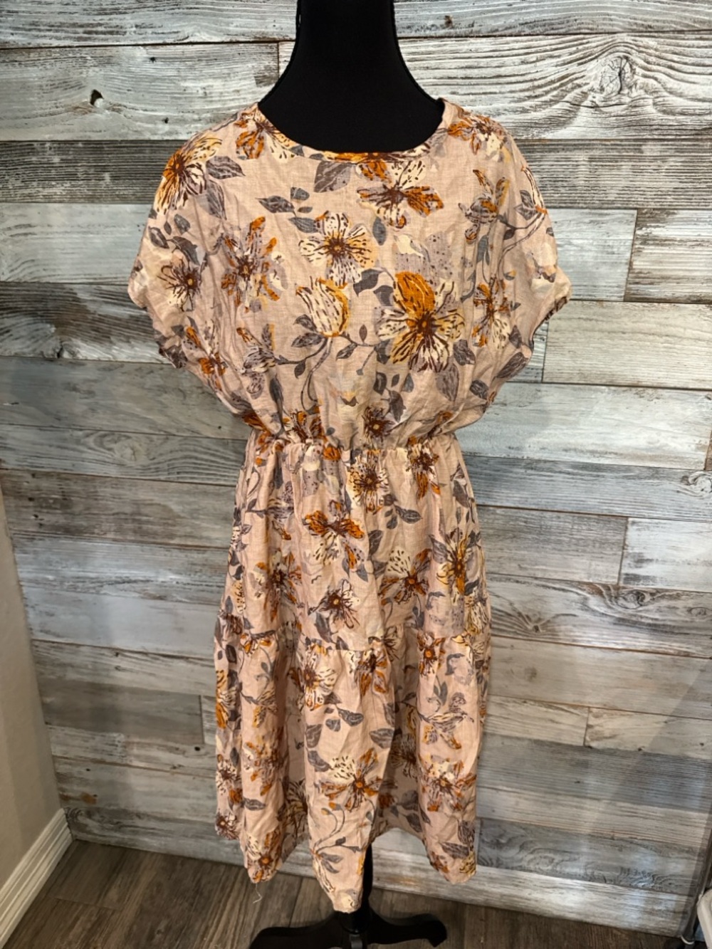 Women’s Peach Floral Midi Dress with Elastic Waist